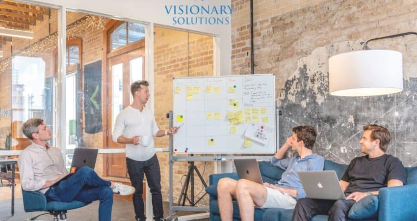 Customer service team meeting at Visionary Solutions