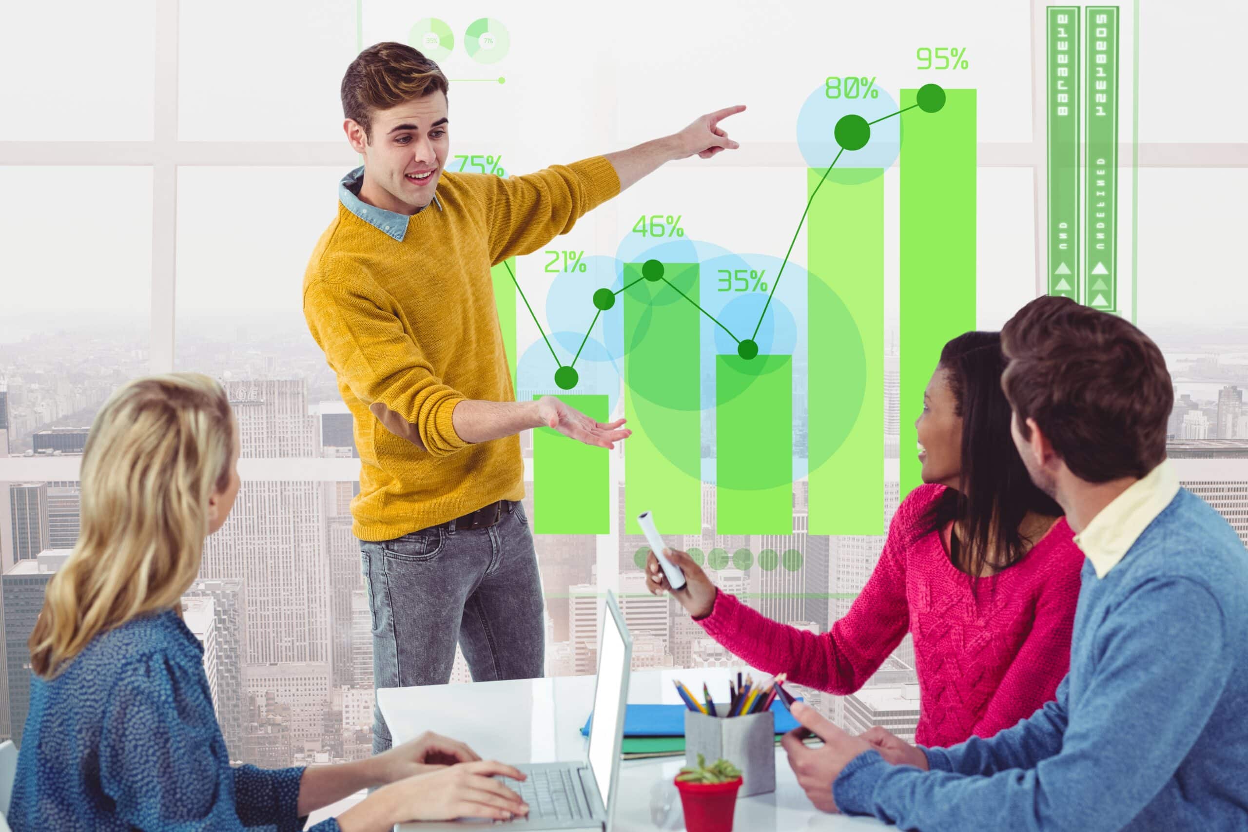Sales team reviewing growth chart and performance metrics.