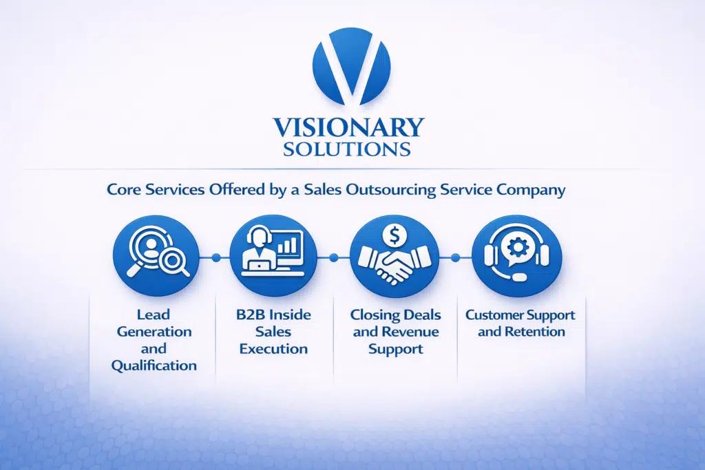 Sales outsourcing services including lead generation, inside sales, deal closing, and customer support.