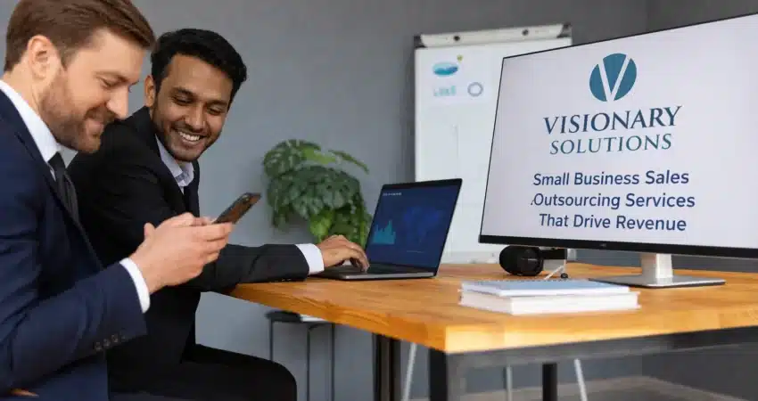 Small business sales outsourcing services with handshake and growth chart