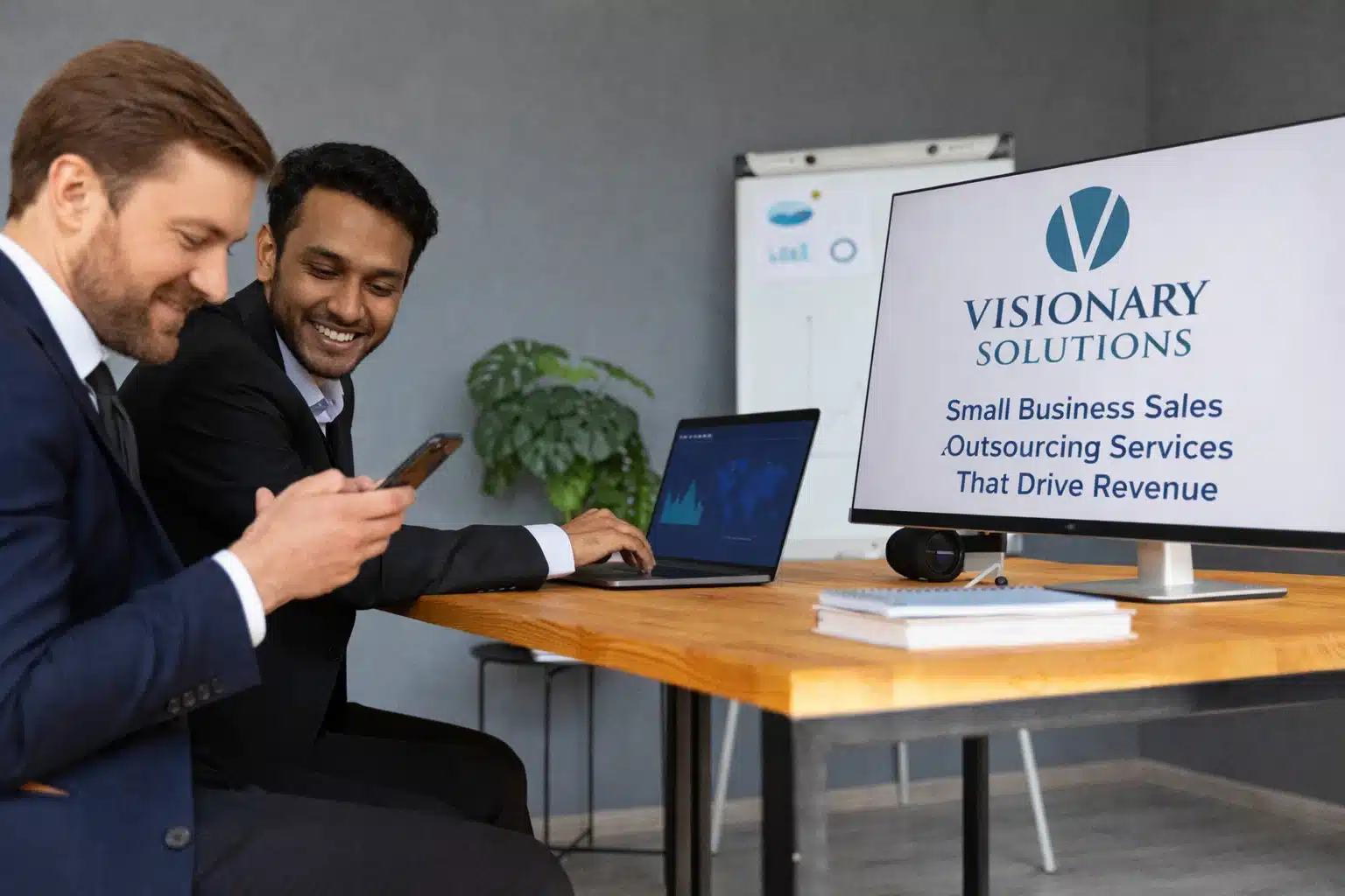 Small business sales outsourcing services with handshake and growth chart