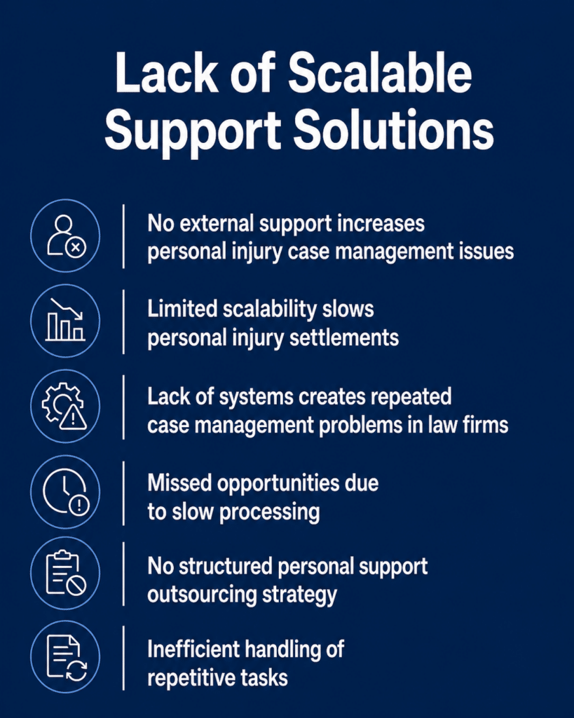 Infographic showing lack of scalable support in law firms leading to delays and inefficiencies.