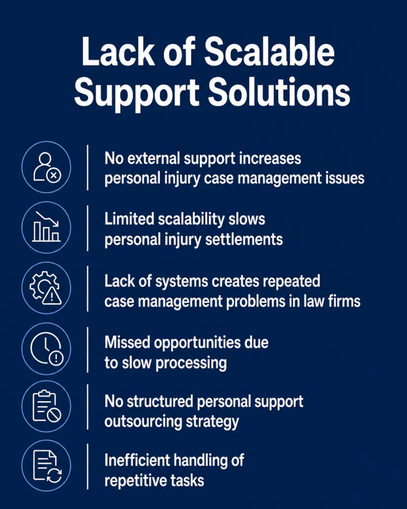 Infographic showing lack of scalable support in law firms leading to delays and inefficiencies.