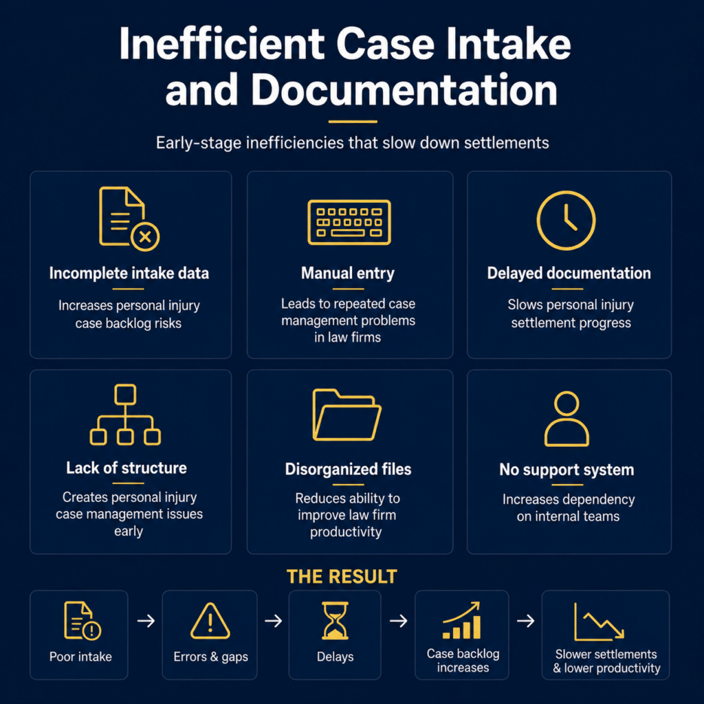 Infographic showing inefficient case intake in law firms causing delays and backlogs.