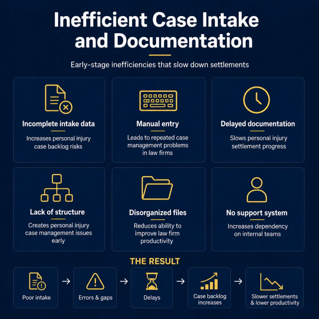 Infographic showing inefficient case intake in law firms causing delays and backlogs.